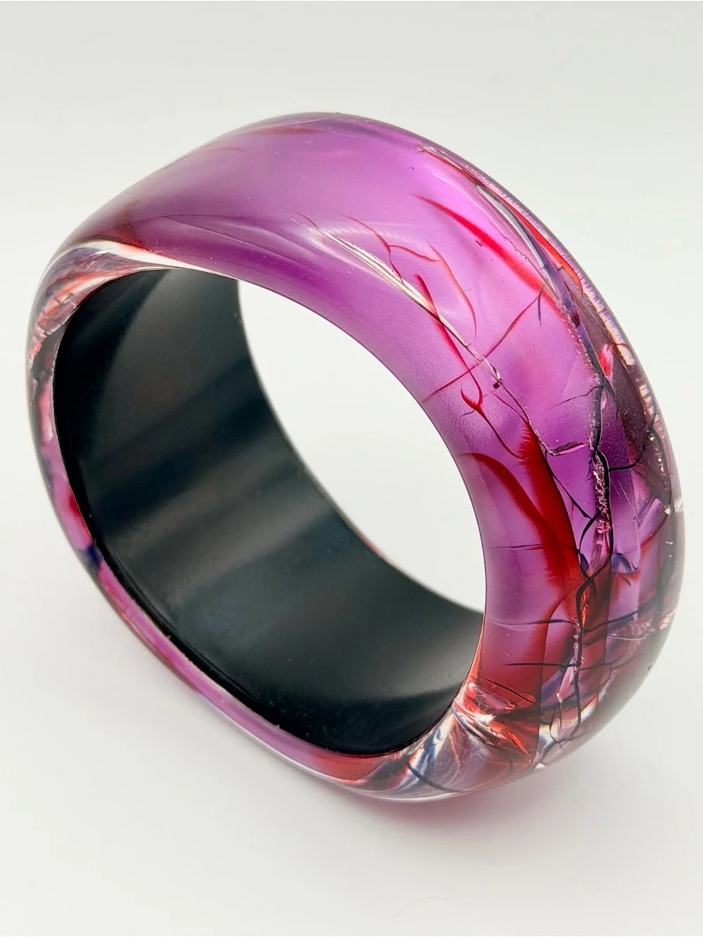 Vintage Purple Resin Bangle Bracelet with Red and Black Vein Accents